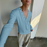 WIAOFELLAS  -  Men T Shirt Solid Color V Neck Long Sleeve Knitted Male Tee Tops Streetwear Fashion Casual Men Clothing Camisetas S-3XL