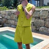 WIAOFELLAS  -  Summer Fashion Loose Men Suits Sleeveless V-neck Shirt And High Waist Wide Leg Shorts Two Piece Set Casual Vest Outfits Tank Top