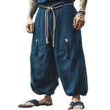 Wiaofellas  -  Retro Men Casual Pure Cotton Lantern Pants Solid Color Elastic Waist Trendy Loose Pocket Pants Trousers Men Ethnic Streetwear