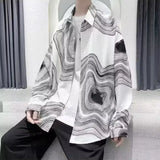 Wiaofellas  -  Lapel Long-sleeved Icy Shirt Men's Irregular Design Striped Lapel Shirt Bottoming Top