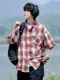 Wiaofellas  -  Trendy Summer Elegant Short Sleeve Plaid Shirt Men's American Casual Oversized Pocket T Shirts Y2K Streetwear Camisas