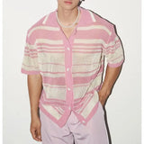 WIAOFELLAS  -  Summer New Fashion Casual Breathable Hollow Out Knitted Polo Shirts Men Striped Crochet Knitting Tops Vintage Mens Clothes