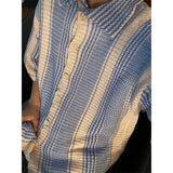WIAOFELLAS  -  Shirts for Men Summer Americian Retro Style High-end Designed Niche Blue and White Contrast Knitted Hollow Short-sleeved Shirt