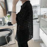 WIAOFELLAS  -  Summer New Men's Solid Color Hollow Short-Sleeved Shirt Sexy Retro Fashion Trend Leisure Loose Breathable Niche Men's Tops