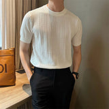 WIAOFELLAS  -  Men's Solid Color Knitted Hollow Short-Sleeved T-Shirt Fashionable Retro Casual Trend Loose Daily Breathable Summer Men's Tops