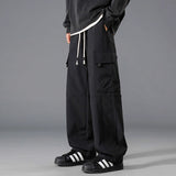WIAOFELLAS  -  Men's Clothing Elastic Cargo Straight Trousers Solid Color High Waist Pockets Spring Autumn Drawstring Casual Loose Pants