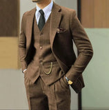 Wiaofellas  -  Retro Tweed Herringbone Suit Men's  Slim Fit Single-breasted 3 Pieces Mens Suit Groom Dress Tuxedos Prom Suit Jacket Vest Pants