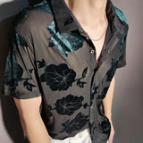 WIAOFELLAS  -  Top Blouse Social Club Outfits Party Designer Shirt Fashion Velvet Flower Shirt Men Transparent Short Sleeve Sexy Shirt Red
