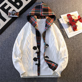 WIAOFELLAS  -  Korean Casual Checkered Hooded Sweater Holiday Style Fake Two-piece Jacket for Men New Autumn and Winter Cardigan for Teenagers