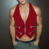 WIAOFELLAS  -  Men Tank Tops Solid Color Deep V Neck Sleeveless Zipper Male Vests Summer Streetwear Sexy Fashion Crop Tops Men