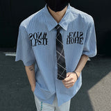 WIAOFELLAS  -  Niche Design Men's Shirts Tie Letter Printing Contrast Color Striped Short Sleeved Single Breasted Loose Male Tops