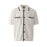 WIAOFELLAS  -  Trendy Men's Striped Pockets Texture Contrast Color Sweater Fashion Short Sleeves Lapel Pullover Male Summer