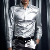 WIAOFELLAS  -  Men's Solid Color Shiny Long-Sleeved Shirt Retro Fashion American Trend Street Loose Niche Party Performance Summer Men's Tops