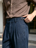 Wiaofellas  -  SS Men's Neapolitan Tailored Trousers, Denim‑Look Woven Double Pleat Paris Buckle High‑rise Straight‑Leg Business Casual Pa