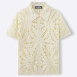 WIAOFELLAS  -  summer Button Lapel Knit Shirt Mens Floral Embroidery Patchwork Shirts Fashion Men Casual Short Sleeve Hollow Out Shirt For Male