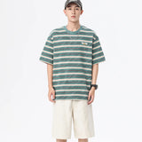 Wiaofellas  -  Summer new men's casual striped short-sleeved T-shirt pure cotton loose base shirt