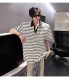 WIAOFELLAS  -  Trendy Men's Striped Contrast Color Shoulder Pads Loose T-shirts Fashion Casual Short Sleeves Lapel Tops Male Summer