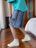 Wiaofellas  -  New Men's Casual Side-Slit Denim Shorts Summer High Street Fashion Baggy Jorts Harajuku Hip Hop Y2K Blue Short Jeans