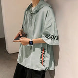 Wiaofellas  -  summer men's clothing short Sleeve Hooded loose oversized Solid Color fashion Printed Spliced button casual 3/4 Sleeve T-shirt