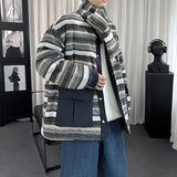 WIAOFELLAS  -  High-quality Japanese vintage with bib reversible cotton design striped coat
