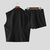 Wiaofellas  -  Men's Sets Solid Lapel Sleeveless Crop Shirt Shorts Two Piece Sets Streetwear Men Matching Sets Stylish Tracksuits