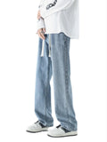 WIAOFELLAS  -  Light Blue Men's Jeans Straight Leg Casual Pants Thin Summer Loose Fit Dstring High Waist Denim Cotton Polyester Blend