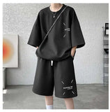 WIAOFELLAS  -  Fashion Men's Suit Solid Color Letter Print O-neck T-shirt Trendy Drawstring High-waisted Shorts Set Male Summer