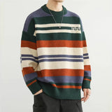 WIAOFELLAS  -  Men Clothing Autumn Winter Trend Vintage Striped Knitted Sweater Y2K Korean O Neck Long Sleeve Pullover Tops Casual Loose Jumper