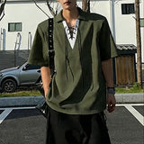 Wiaofellas  -  Men Shirt Lapel Short Sleeve Patchwork Lace Up Casual Men Clothing Streetwear Korean Style Summer Fashion Male Tops