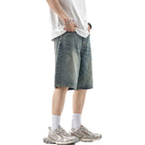 Wiaofellas  -  Men's Vintage Washed Denim Shorts Summer Wide Leg Five Casual Straight Leg Pants