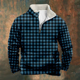 WIAOFELLAS  -  Plaid Patchwork Sweatshirt for Men Blue Long Sleeve Stand Collar Zipper Casual Pullovers