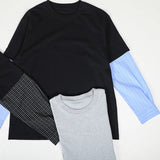WIAOFELLAS  -  Japanese Korean Casual Sweatshirts Men Straight Base Shirt Splicing Striped Sleeves Fake Two-piece Solid Color Pullover T-shirt