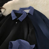 WIAOFELLAS  -  Blue Plaid Two-Piece Illusion Polo Shirt 2025 Spring New Long Sleeve Shirt Korean Style Lattice Splicing Lapel Sweatshirt Couple