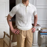 WIAOFELLAS  -  Casual Men's Slim Elastic Knitted Polo Shirt 2024 Spring Summer Short Sleeve Lapel Button Knit Tops Men Clothes Fashion Pullover