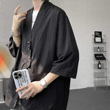 WIAOFELLAS  -  Niche Design Men's Shirts V-neck Solid Color Button Desig Ice Silk Big Pocket Casual Male Tops Summer Menswear