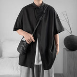 WIAOFELLAS  -  Simple Men's Shirts Turn-down Collar Ice Silk Solid Color Short Sleeved Loose Menswear Single Breasted Male Tops