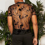 Wiaofellas  -  Men T-Shirt Lace See Through O-Neck Breathable Short Sleeve Sexy Tees Tops Party Thin Floral Flocking Perspective Mesh T-shirts