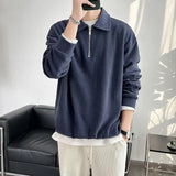 Wiaofellas  -  Men Lapel Half Zip Polo Sweatshirt Long Sleeve Loose Casual Ins Fashion Pullover Tops