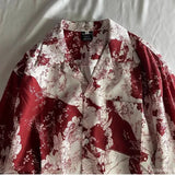 Wiaofellas  -  Men's Black White Floral Print Lapel Short Sleeve Shirt Casual Loose Vintage Blouse