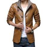 WIAOFELLAS  -  Winter Warm Faux Leather Jacket Men Solid Long Sleeve PU Leather Coat Stand Collar Thick Slim Fit Men Jacket Trench Coats