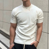 Wiaofellas  -  Men Luxury Mock Neck Short Sleeve T-shirts Summer Casual Solid Color Slim Fit Knitwear Korean Fashion Half Turtleneck Tops