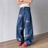 WIAOFELLAS  -  Niche Design Men's Denim Pants Printing Contrast Color Washing Casual Wide Leg Trousers Straight Male Jeans Trendy