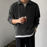 WIAOFELLAS  -  Trendy Men Knitted Pullover Half Zip Lapel Design Korean Loose Long Sleeve Solid Color New Casual Sweater