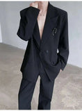 WIAOFELLAS  -  Shoulder Padded Men's Suit Jackets Solid Color Metal Design Double Breasted New Spring Menswear Loose Male Blazers