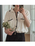 WIAOFELLAS  -  Trendy Men's Striped Pockets Texture Contrast Color Sweater Fashion Short Sleeves Lapel Pullover Male Summer