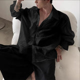 WIAOFELLAS  -  Men Shirt Solid Pleated Ruffle Lapel Long Sleeve Men Clothing Streetwear Loose Fashion Casual Tops Male Shirts S-5XL