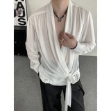 Wiaofellas  -  New Chinese Style Men's Clothing Solid Color Shirts Organza Male Casual Clothing V-neck Belt Long Sleeve Summer Trend