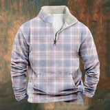 WIAOFELLAS  -  Plaid Patchwork Sweatshirt for Men Blue Long Sleeve Stand Collar Zipper Casual Pullovers