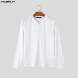 Wiaofellas  -  Men's T Shirt Solid Color V Neck Long Sleeve Loose Casual Men Clothes Streetwear Fashion Leisure Tee Tops For Man
