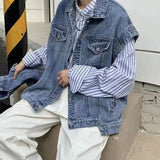 WIAOFELLAS -  Fashion Spliced Sleeves Detachable Denim Jacket Men's Oversize Loose Causal High Street Jackets Men Overcoat Male Clothes